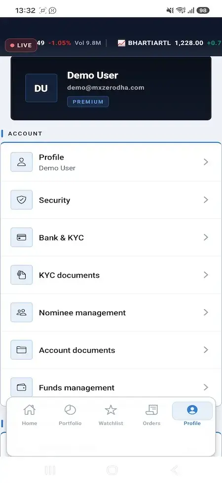 Zerodha Clone 26 Mobile account page with profile, security, bank, KYC, nominee, documents, and funds options