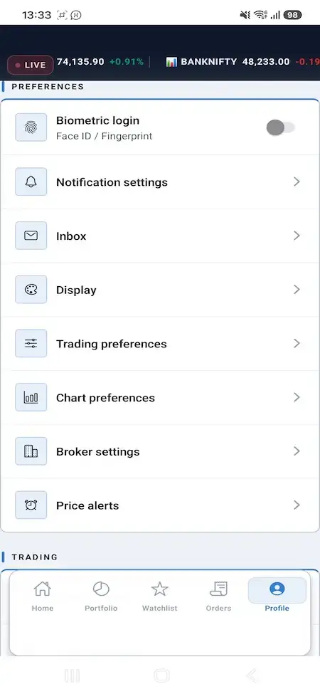 Zerodha Clone 25 Mobile settings for biometric login, notifications, display, charts, brokers, and price alerts