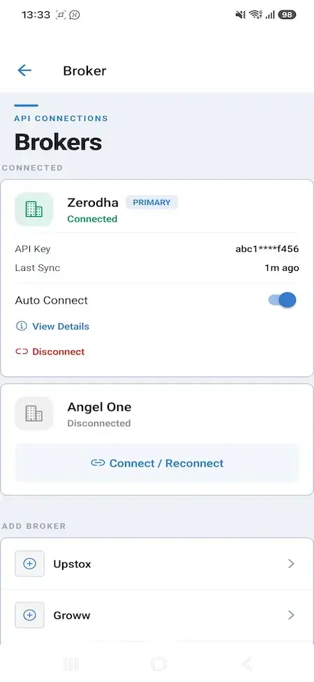 Zerodha Clone 24 Mobile broker connection page with Zerodha connected and additional broker options