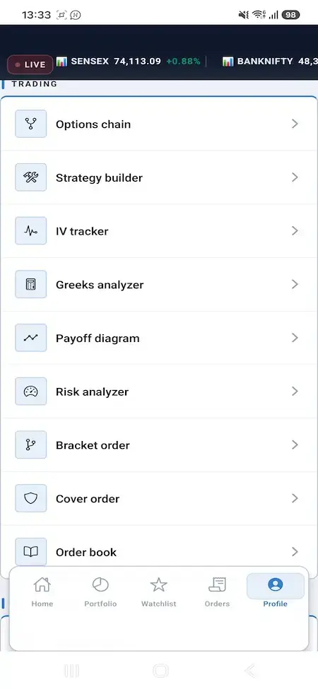 Zerodha Clone 23 Mobile trading toolkit with options chain, strategy builder, Greeks, payoff, and risk analysis