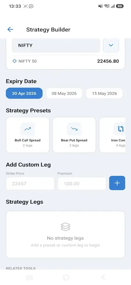 Zerodha Clone 21 Mobile NIFTY options strategy builder with presets, expiry dates, and custom legs