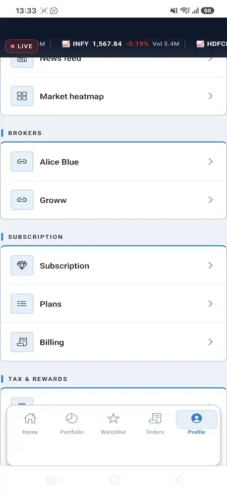 Zerodha Clone 22 Mobile profile section with broker shortcuts, subscription plans, billing, tax, and rewards