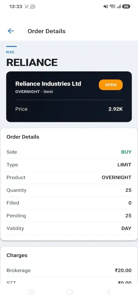 Zerodha Clone 20 Mobile Reliance overnight limit buy order showing quantity, status, validity, and charges
