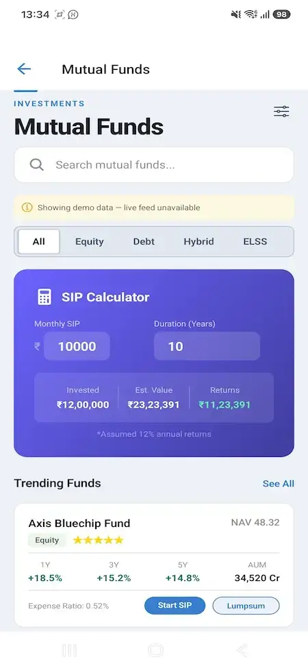 Zerodha Clone 19 Mobile mutual fund discovery page with categories, SIP calculator, and Axis Bluechip Fund