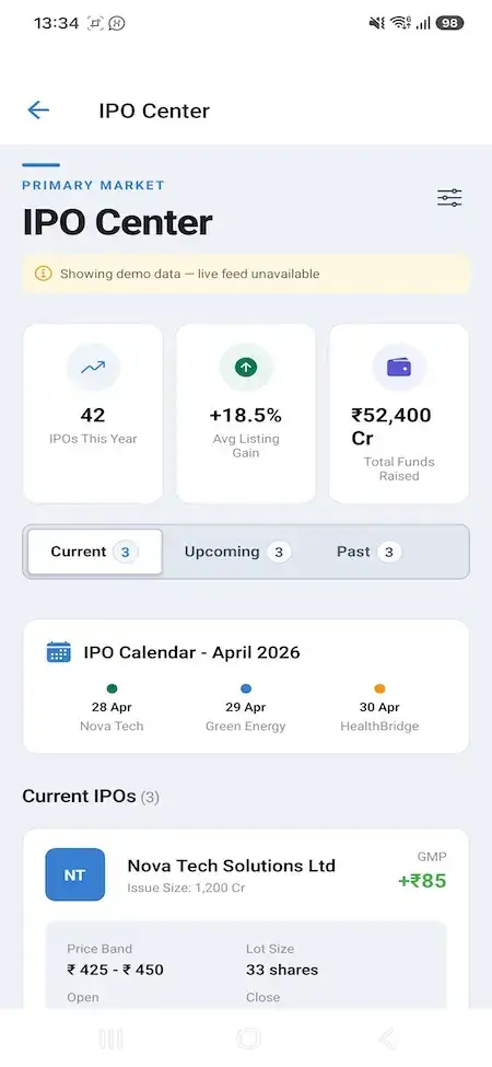 Zerodha Clone 18 Mobile IPO center with calendar, listing metrics, and a Nova Tech offering