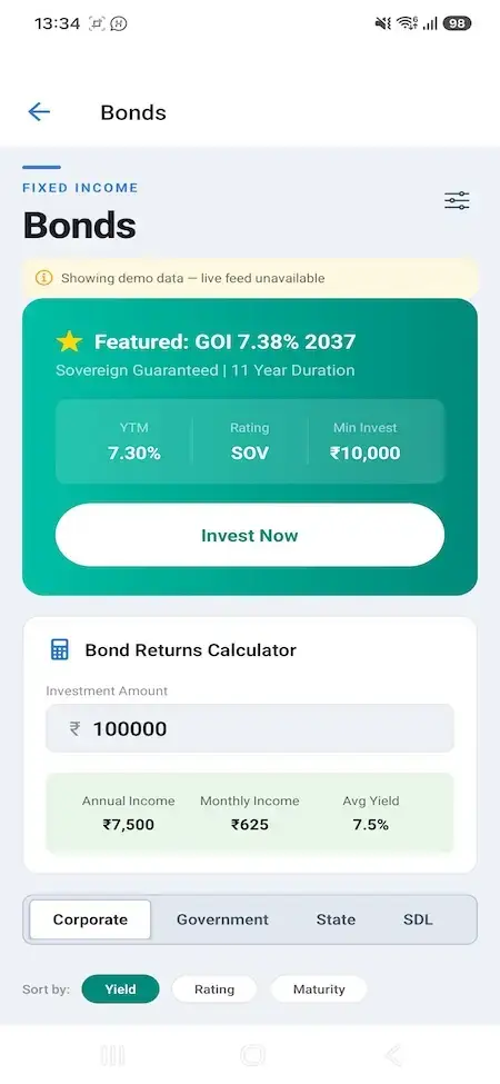 Zerodha Clone 17 Mobile bond page featuring a Government of India bond and return calculator