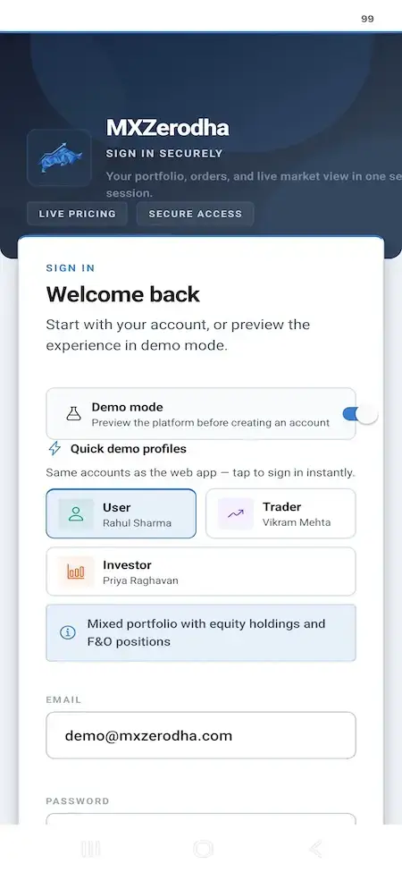 Zerodha Clone 36 Mobile login form with User, Trader, and Investor demo profile shortcuts
