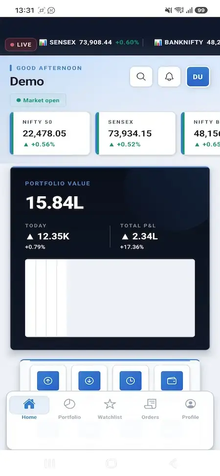 Zerodha Clone 35 Mobile trading home dashboard with indices, portfolio value, P&L, and quick actions