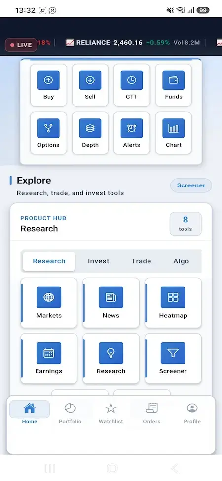 Zerodha Clone 34 Mobile product hub with trading actions, market news, heatmap, earnings, and screener tools