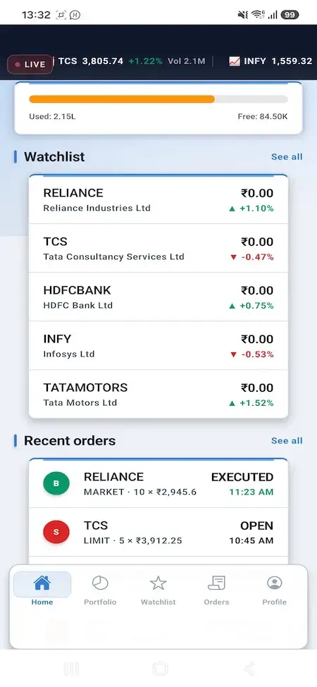 Zerodha Clone 33 Mobile watchlist for Reliance, TCS, HDFC, Infosys, and Tata Motors with recent orders