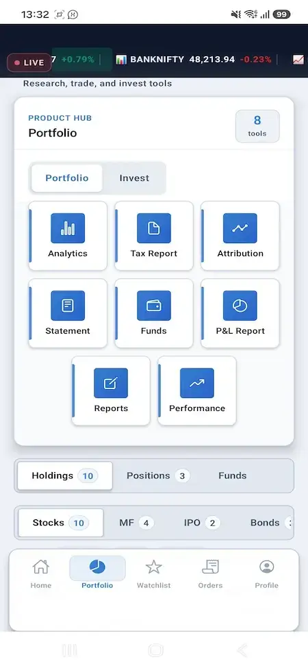 Zerodha Clone 30 Mobile portfolio tools for tax reports, attribution, statements, funds, and performance