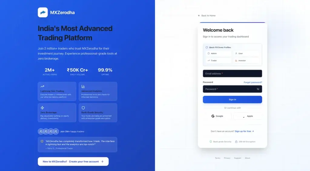 Zerodha Clone 58 Desktop MXZerodha login page with demo profiles, credentials, Google, and Apple sign-in