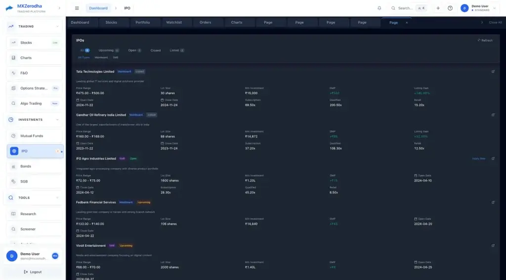 Zerodha Clone 47 Desktop IPO page with listed, open, and upcoming offerings and subscription data