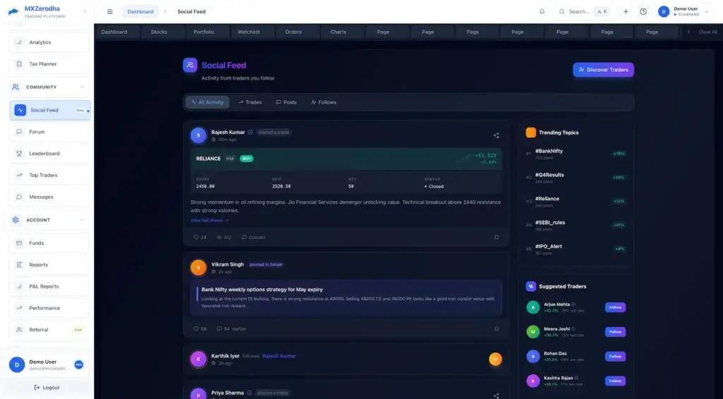 Zerodha Clone 44 Desktop social feed with shared trades, strategy posts, trending topics, and suggested traders