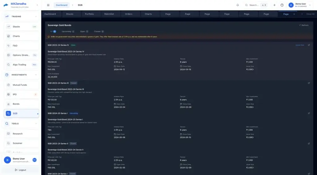Zerodha Clone 41 Desktop SGB page with open, closed, and upcoming government gold-bond issues