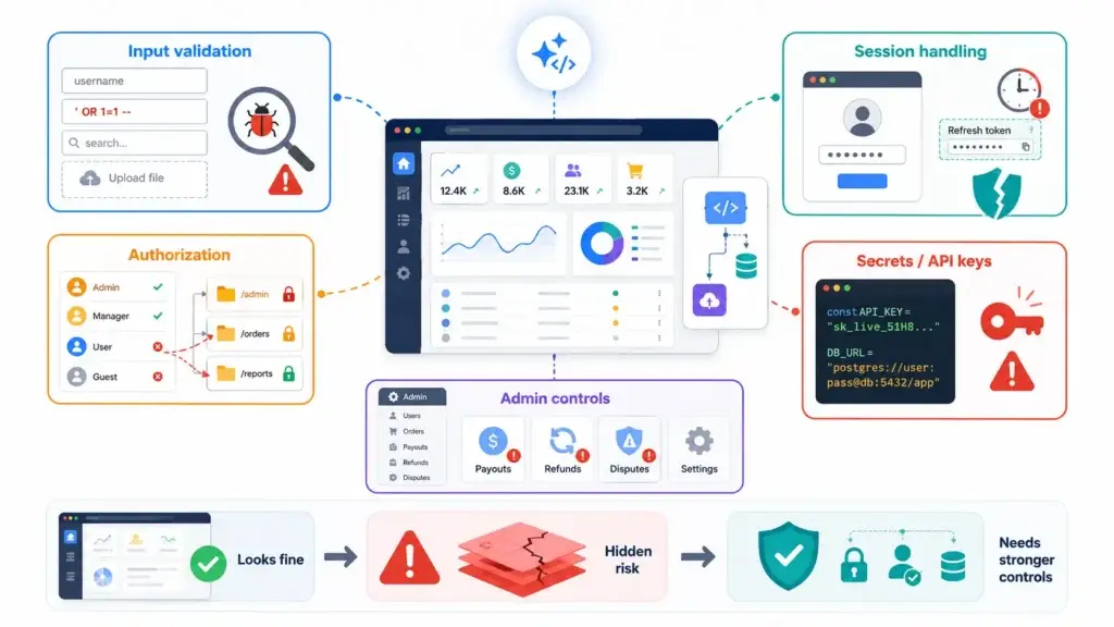 The Security Illusion: Why AI App Platforms Can Expose Your Startup to Legal Liability 2 AI app security infographic showing input validation risks, authorization gaps, session handling issues, exposed secrets, API keys, admin controls, SQL injection, file upload risk, user roles, hidden security flaws, and secure app protection layers.