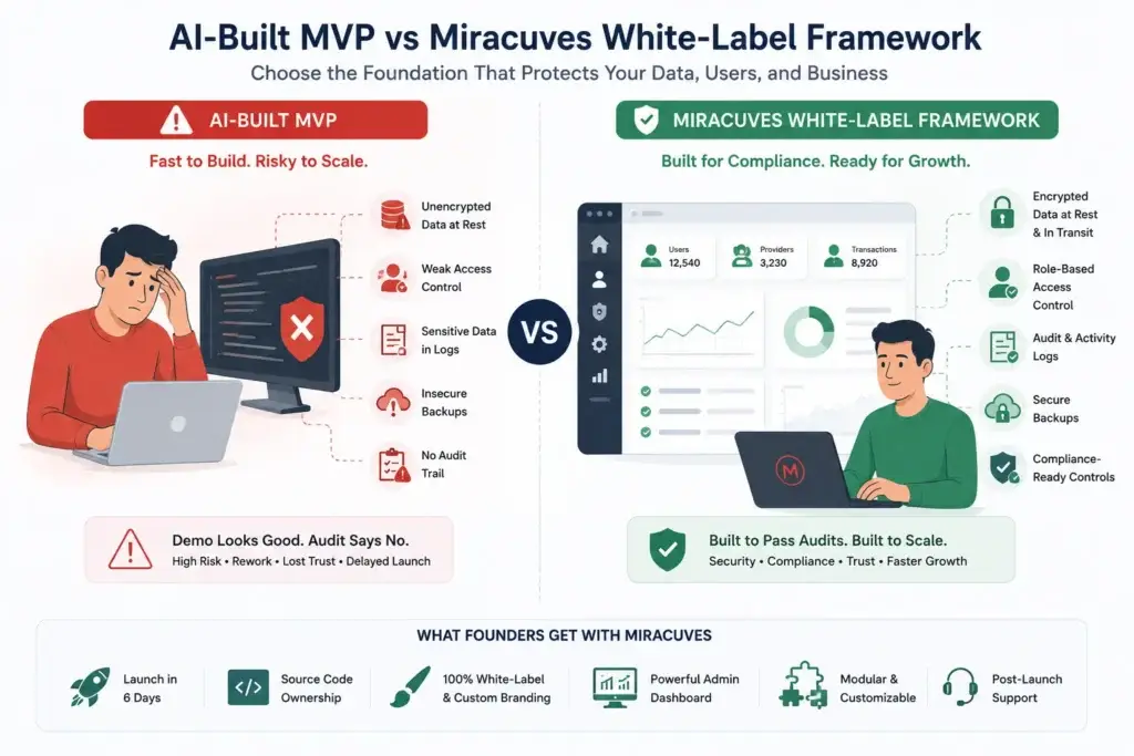 Failing the Audit: How an AI-Built MVP Leaked PII and Why the White-Label Rescue Worked 3 Vector comparison of fragile AI-built MVP code versus a secure Miracuves white-label compliance-ready app framework