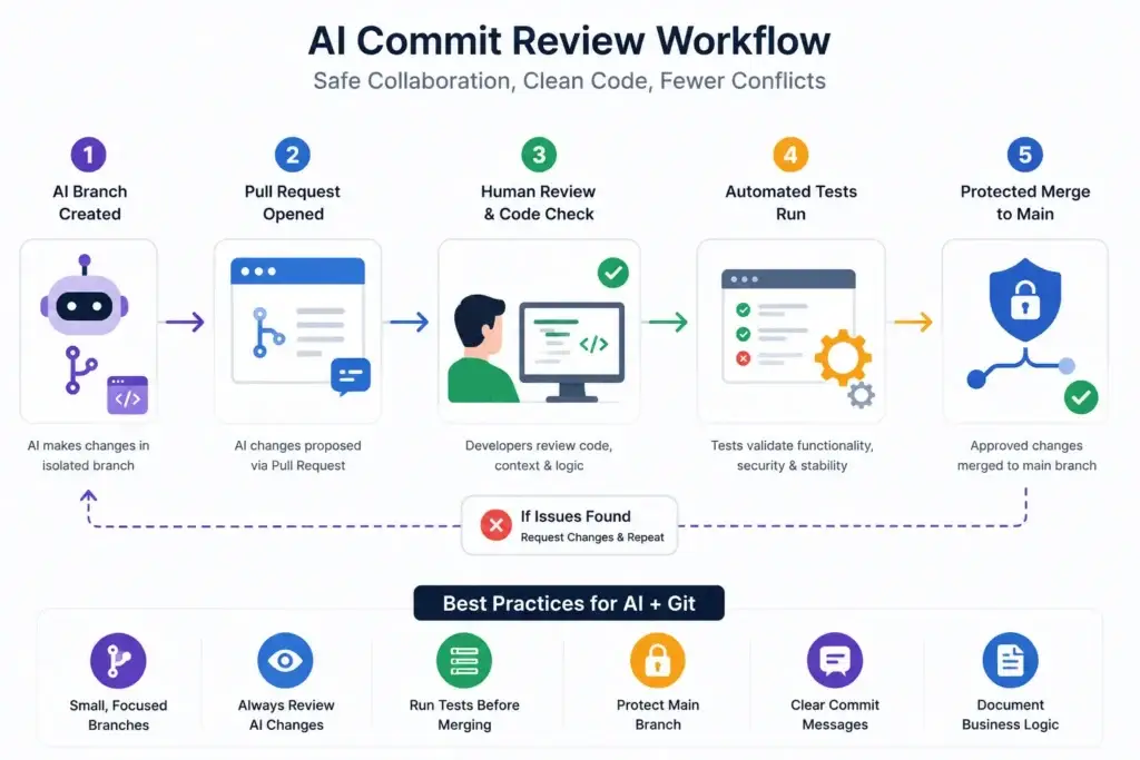 The Auto-Commit Disaster: Managing Git Conflicts in AI-Generated Repos 3 AI commit review workflow showing branch, pull request, human review, testing, and protected merge