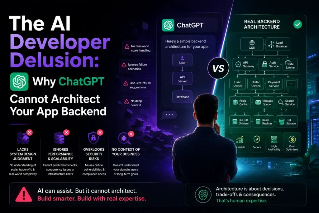 AI-generated app backend limitations showing ChatGPT prompt code versus structured production backend architecture