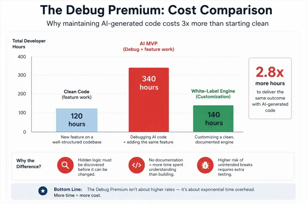 The Debug Premium: Why Agencies Charge 3x More to Touch AI-Generated Code 2 AI-generated code maintenance cost comparison showing the Debug Premium between clean code, AI MVP debugging, and white-label engine customization
