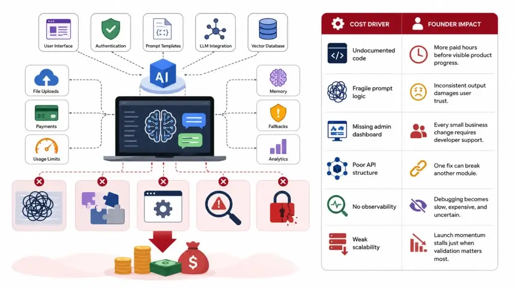 The Rebuild Tax: Why Fixing AI MVPs Costs 3 - 5x More Than You Think 2 AI MVP rebuild cost infographic showing user interface, authentication, prompt templates, LLM integration, vector database, file uploads, payments, usage limits, memory, fallbacks, analytics, undocumented code, fragile prompt logic, missing admin dashboard, poor API structure, no observability, weak scalability, technical debt, and founder impact.