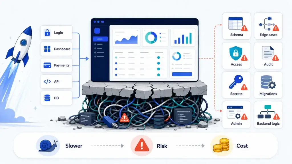 Fix vs. Rebuild: The Ultimate Decision Framework for AI-Built Startups 1 AI MVP technical debt infographic showing a fast launch with login, dashboard, payments, API and database features built quickly, but hidden tangled architecture underneath causing slower performance, risk, schema issues, edge cases, access problems, audit gaps, secrets exposure, migrations and backend logic failures.