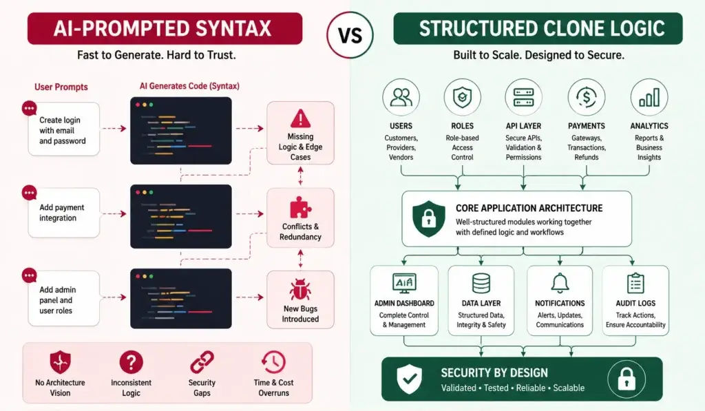Security Showdown: AI-Prompted Syntax vs. Pre-Compiled Clone Logic 1 AI-generated syntax compared with structured clone app architecture