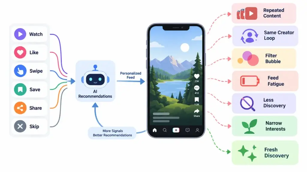 When AI Recommendations Hurt a Short-Form Video Platform: Repetition, Filter Bubbles, and Feed Fatigue 1 AI recommendation system in a short-form video platform showing repeated content, same creator loops, filter bubbles, feed fatigue, reduced discovery, and narrow user interests.