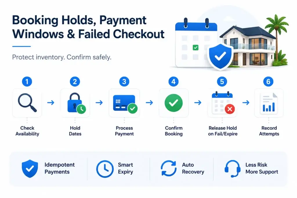 How Rental Marketplaces Prevent Double-Bookings With Real-Time Calendar Sync 2 Booking holds and payment windows in vacation rental startup development showing availability checks, date locking, payment processing, booking confirmation, hold release, and failed checkout recovery.