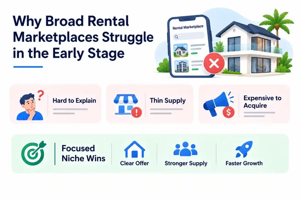How Niche Vacation Rental Marketplaces Win With Focused Inventory 1 Broad rental marketplaces struggle in the early stage due to unclear positioning, thin supply, and expensive customer acquisition.
