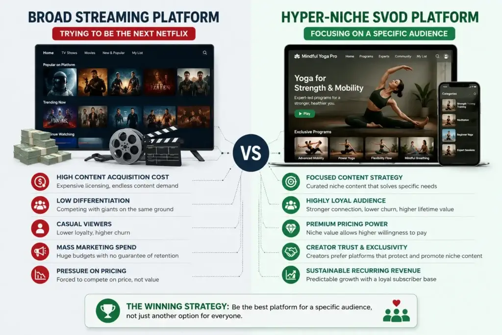 Stop Trying to Be Netflix: Why Hyper-Niche SVOD Is the Only Profitable Play in 2026 1 Broad streaming platform compared with a hyper-niche SVOD platform strategy