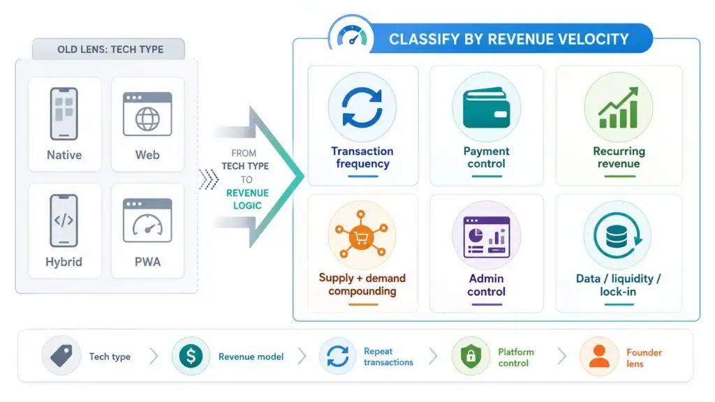 The 4 Types of Apps That Actually Generate High-Volume Revenue 1 App classification infographic showing old technology types like native, web, hybrid and PWA shifting into revenue velocity factors such as transaction frequency, payment control, recurring revenue, supply and demand compounding, admin control and data or liquidity lock-in.