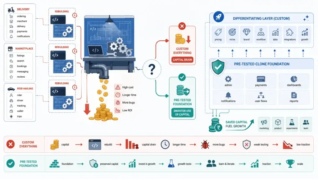 Clone App vs AI-Built vs Custom: The Definitive Startup Choice Matrix 1 Startup choice matrix featured image comparing clone app, AI-built app and custom development based on speed, ownership, scalability, flexibility, cost, technical debt, long-term maintainability and launch path.