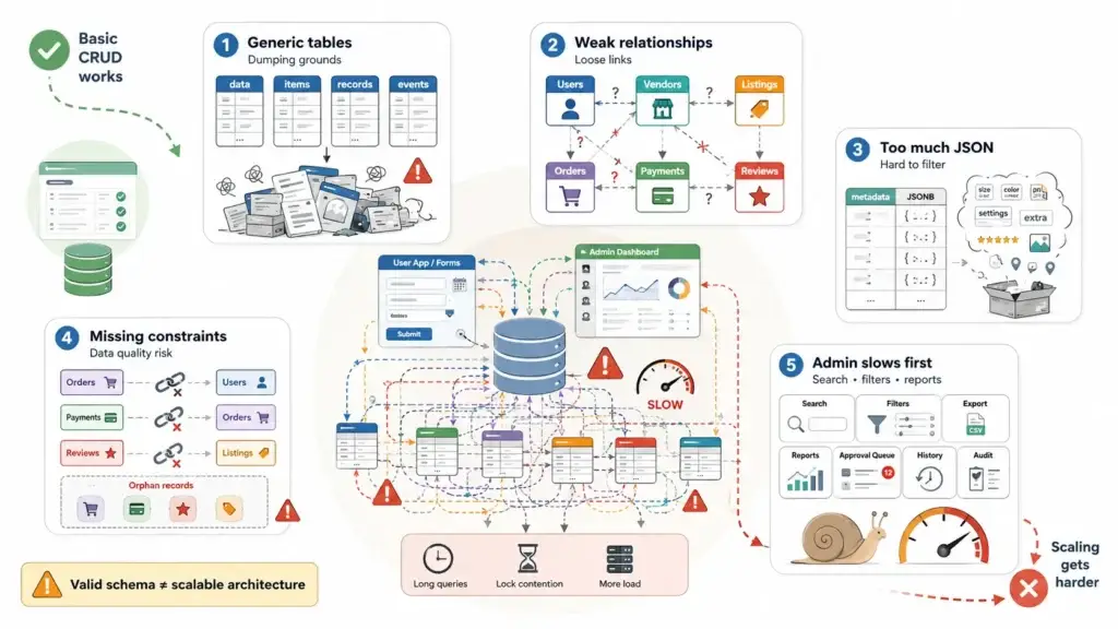 The Un-Indexed Trap: Why AI Schemas Cause Exponential App Latency 2 AI database schema infographic showing common production mistakes including generic dump tables, weak relationships, too much JSON, missing constraints, slow admin queries, tangled database relationships, long queries, lock contention, orphan records, and scalability warnings.