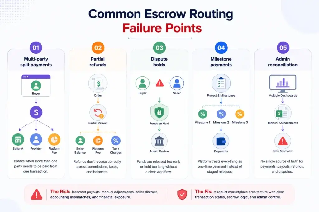 Escrow Routing Failures: The Decision Framework for AI Marketplace Startups 2 Common escrow routing failure points in AI-built marketplace apps including split payments, refunds, disputes, milestones, and reconciliation