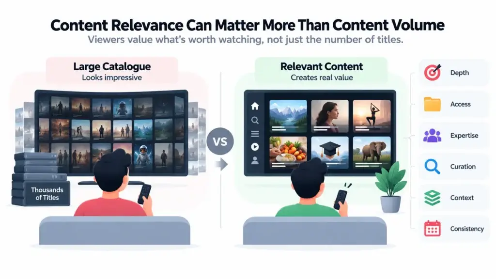 Why Niche OTT Streaming Platforms Can Compete Without Building a Massive Content Library 1 Niche OTT Streaming Platforms Content relevance compared with large OTT catalogue volume for improving viewer value and engagement
