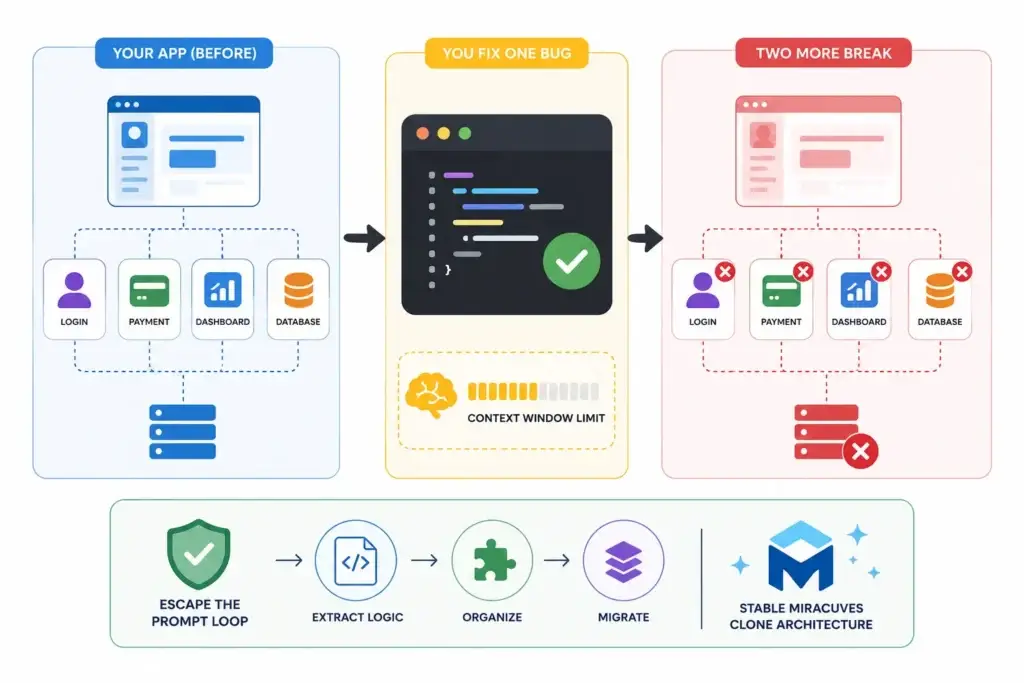 Escaping the Prompt Loop: How to Debug and Extract Logic from Cursor Builds 1 Diagram showing how a Cursor AI bug fix can break connected app features because of limited context window memory
