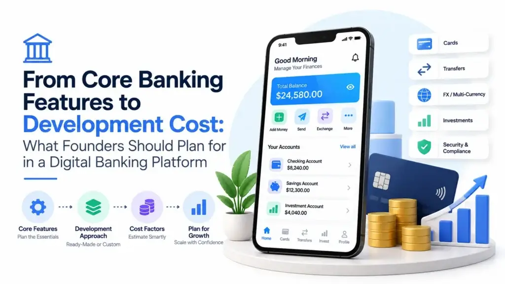 Digital banking platform showing core banking features, cards, transfers, multi-currency support, investments, security, compliance, development approach, and cost planning.