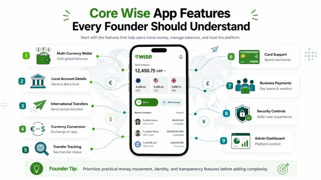 Wise App Features List: What Founders Can Learn from a Global Money Transfer App 1 Core Wise app features showing multi-currency wallet, local account details, international transfers, currency conversion, transfer tracking, card support, business payments, security controls, and admin dashboard