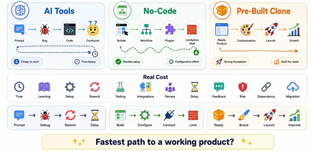 Launch Velocity: Comparing AI Tools, No-Code Platforms, and Pre-Built Clones 2 Cost comparison infographic showing AI tools, no-code platforms, and pre-built clones across setup effort, debugging, testing, integrations, delays, risks, dependencies, migration, launch, and scalability.