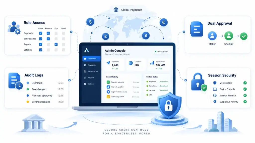 What Security Controls Should a Cross-Border Payment Platform Use for Users, Transfers, and Admin Operations? 1 Cross-border payment admin security controls featuring role-based access, dual approval, audit logs, MFA, device controls, session timeout, suspicious activity monitoring, and secure global payment administration.