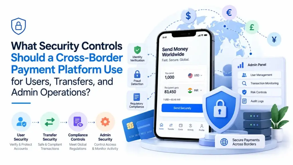 Cross-border payment platform security controls covering identity verification, fraud detection, compliance, transfer security, admin access, transaction monitoring, risk controls, and audit logs.