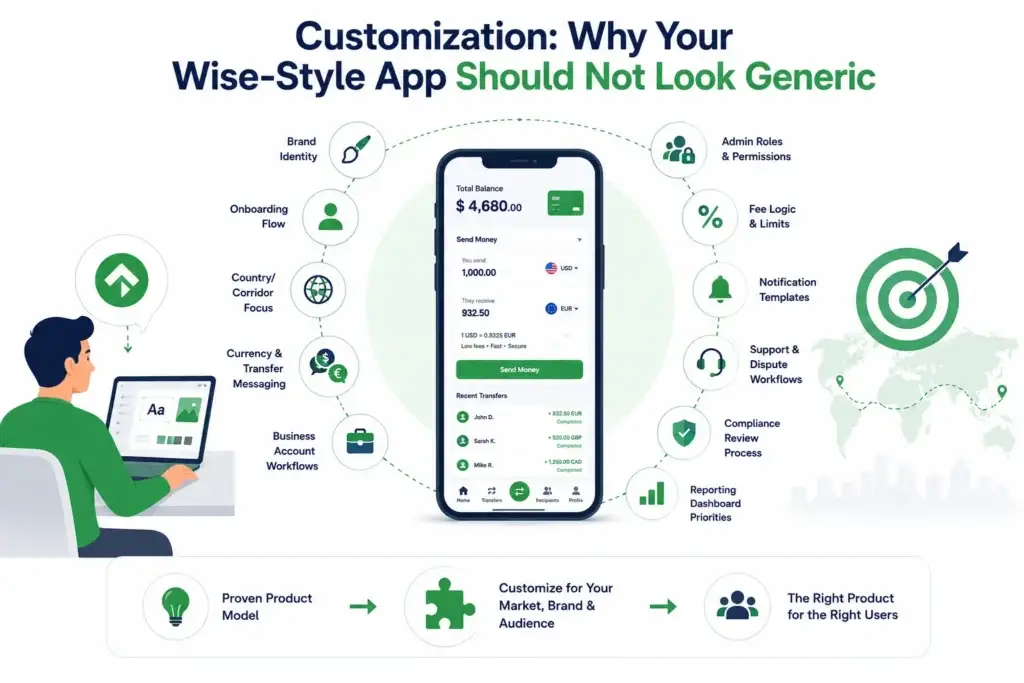 Pre-launch vs Post-launch Marketing for Wise Clone Startups 2 Customization options for a Wise-style app including branding, onboarding, permissions, compliance, workflows, and localization