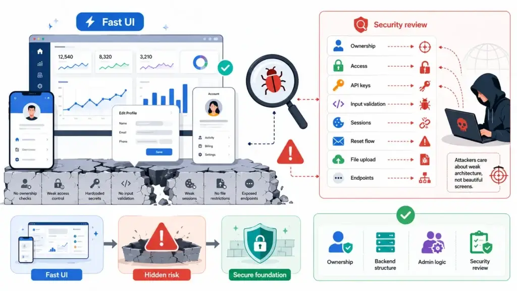 The Security Illusion: Why AI App Platforms Can Expose Your Startup to Legal Liability 1 AI app security infographic showing a fast UI with dashboards, mobile screens, user profiles and forms built quickly, but hidden risks underneath such as missing ownership checks, weak access control, hardcoded secrets, exposed endpoints, weak sessions, no input validation, file upload risks and unsafe backend architecture.