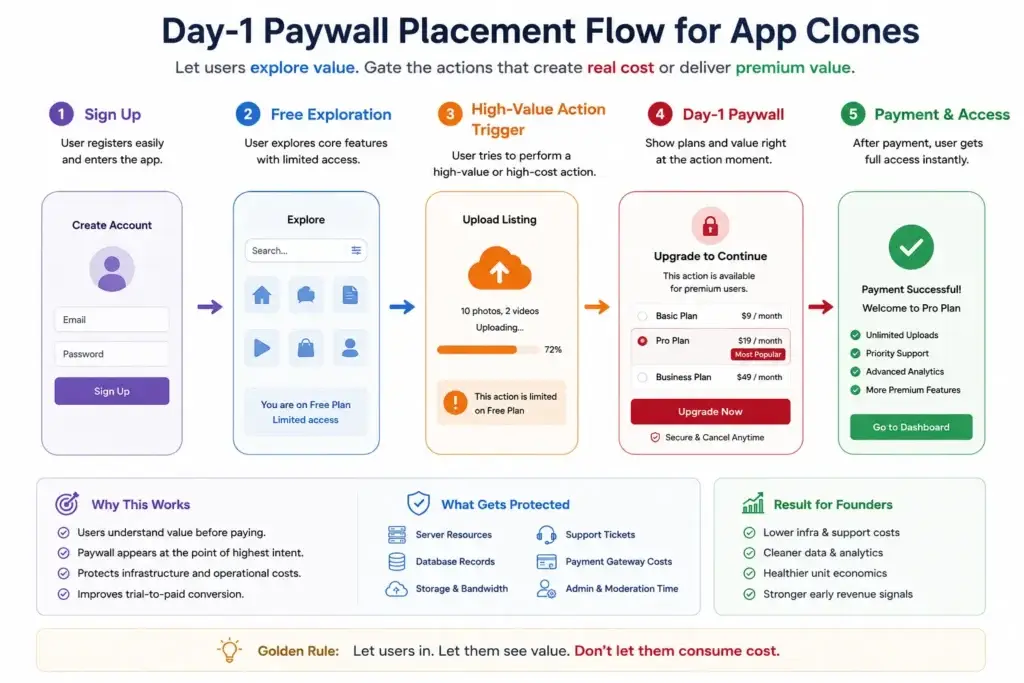 The Freemium Death Spiral: Why Your App Clones Need a Day-1 Paywall 2 Day-1 paywall placement flow showing app clone users moving from signup to free exploration, high-value action, payment gate, and paid access