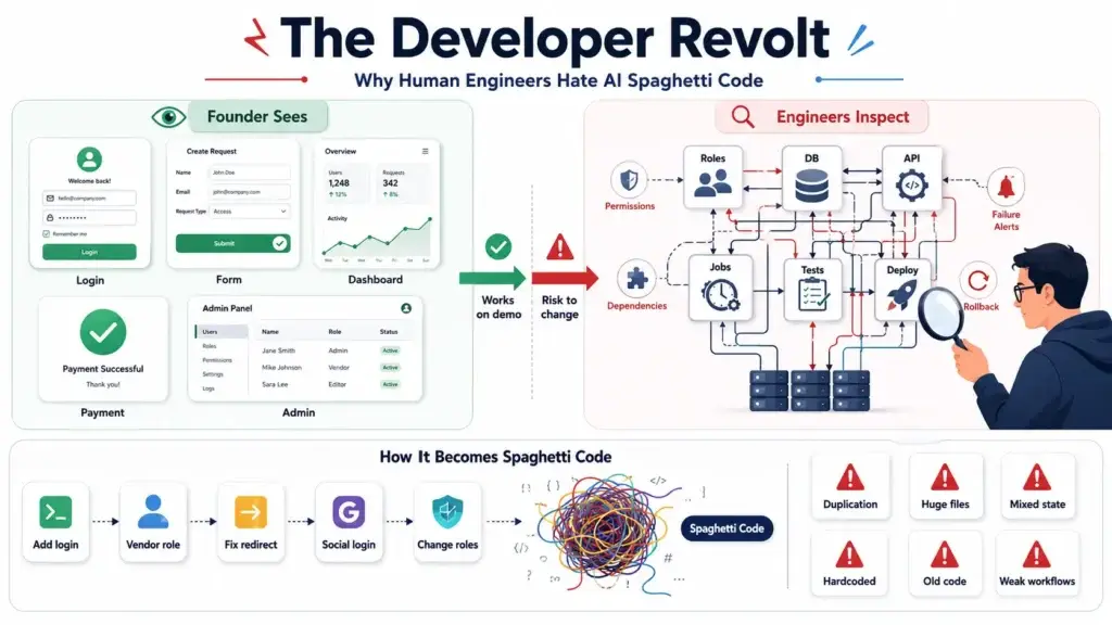 AI Codebase Handoff Checklist: 8 Steps Before You Hire a Dev Agency 1 Developer inspecting AI-generated spaghetti code, dependencies, permissions, tests, deployment, and backend workflows