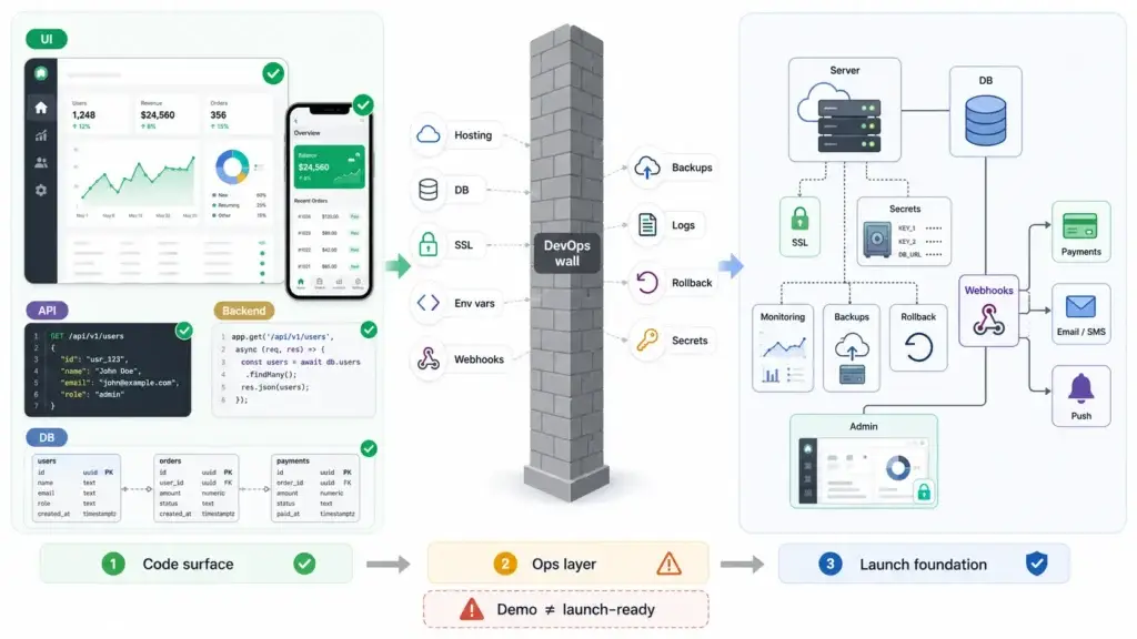 Beyond the Code: The DevOps Guide to Launching Production Architecture 1 DevOps deployment infographic showing working app code with UI, frontend, API, backend and database moving through a DevOps wall with hosting, database, SSL, environment variables, webhooks, backups, logs, rollback and secrets into a launch-ready foundation with server, database, monitoring, admin, payments, email, SMS and push notifications.