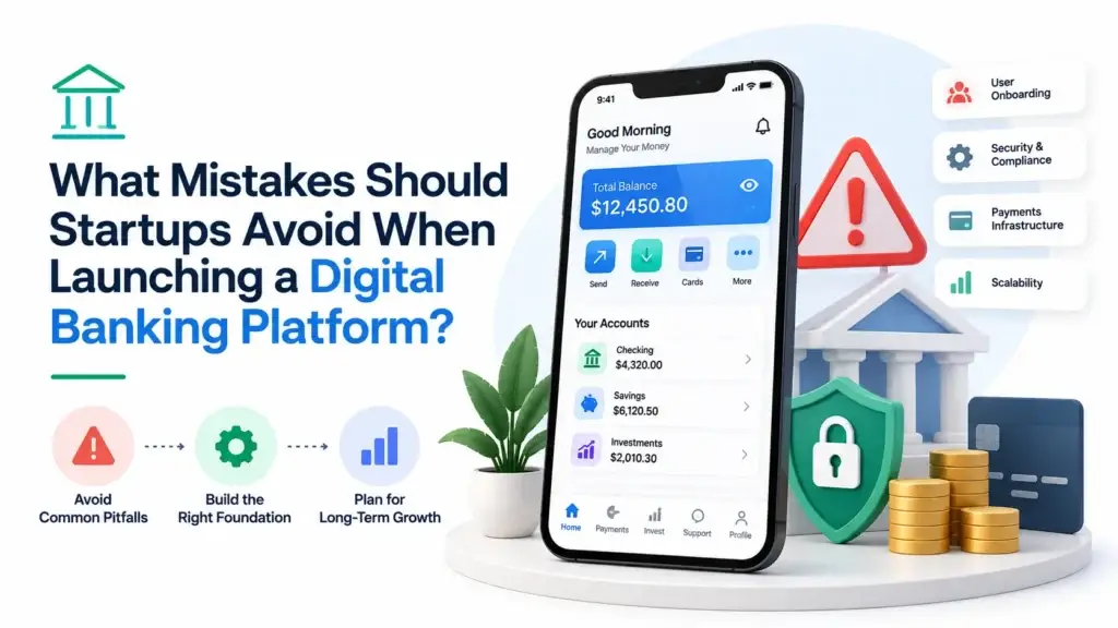Digital banking platform launch mistakes showing user onboarding, security, compliance, payment infrastructure, scalability, and long-term growth planning.