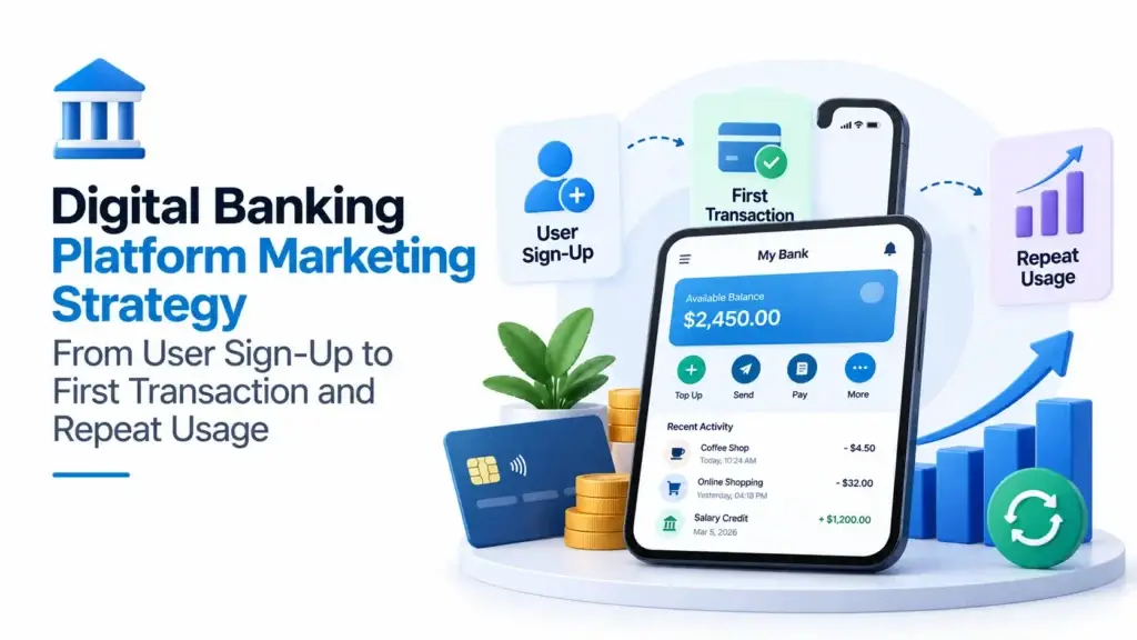 Digital banking platform marketing strategy showing user sign-up, first transaction, repeat usage, customer activation, and retention growth.