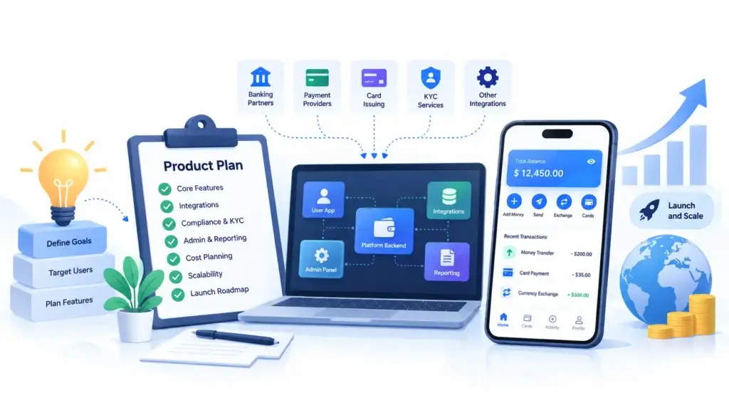 From Core Banking Features to Development Cost: What Founders Should Plan for in a Digital Banking Platform 1 Digital banking revenue model showing subscription plans, transaction fees, FX margins, card issuance fees, business accounts, payment processing markup, embedded finance fees, and premium analytics.